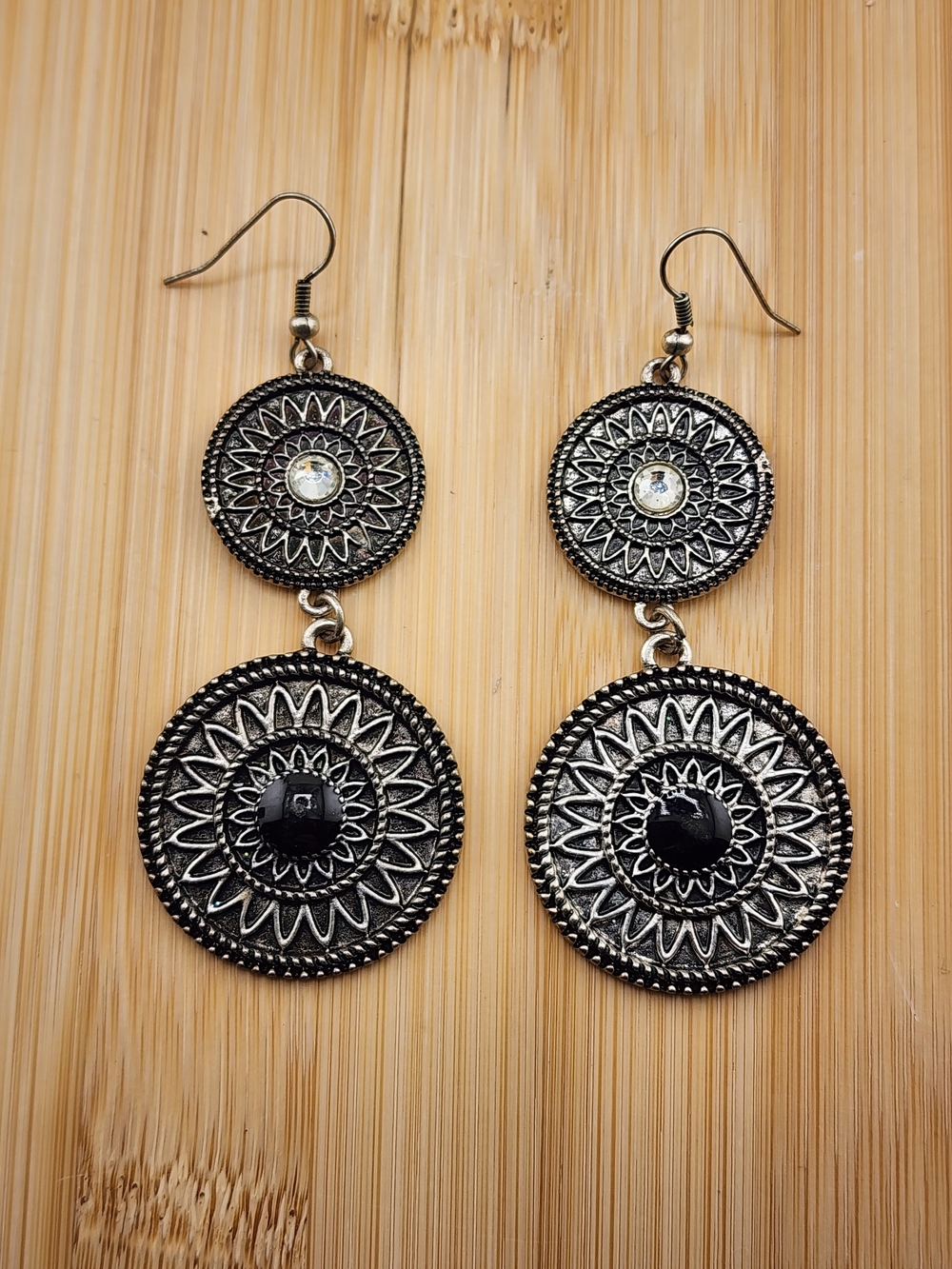 Silver-Tone Black Stone Double Drop Earrings 0609